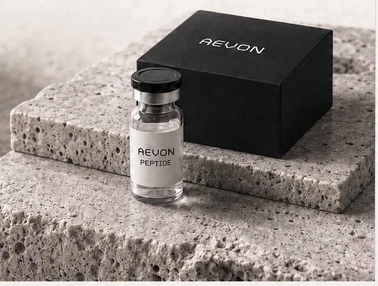 An Aevon peptide vial and box on a stone surface.